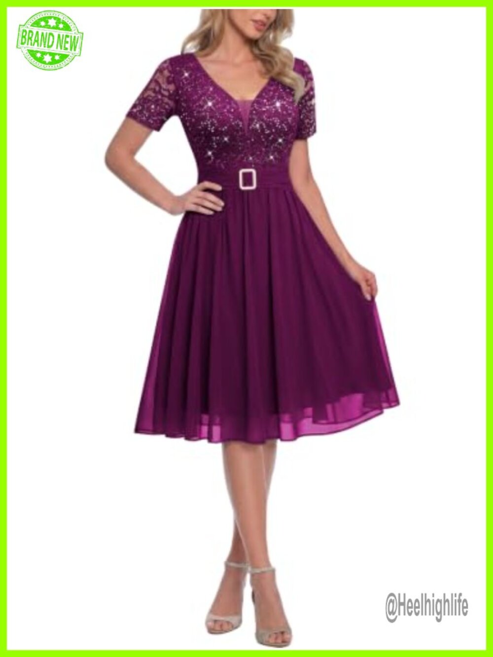 Miusol V-Neck Sequin Lace Rhinestone Waistband Cocktail Party Dress